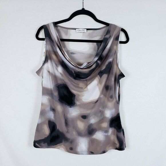 Calvin Klein Cowl Neck Top Womens L Brown Abstract Grunge Forest Fairy Y2K - Picture 1 of 11
